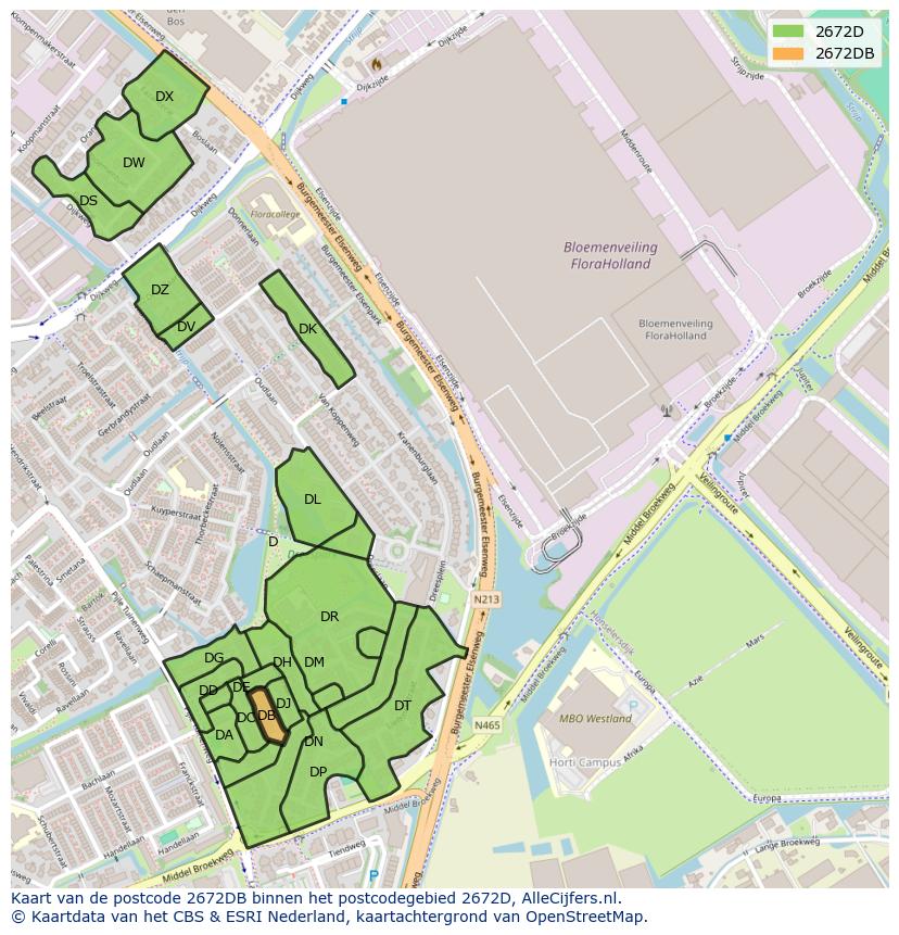 Afbeelding van het postcodegebied 2672 DB op de kaart.