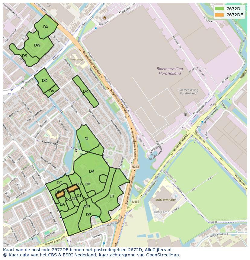 Afbeelding van het postcodegebied 2672 DE op de kaart.