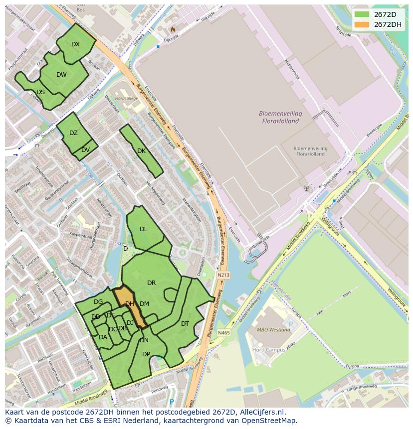 Afbeelding van het postcodegebied 2672 DH op de kaart.