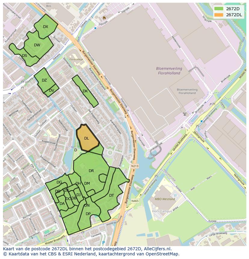 Afbeelding van het postcodegebied 2672 DL op de kaart.