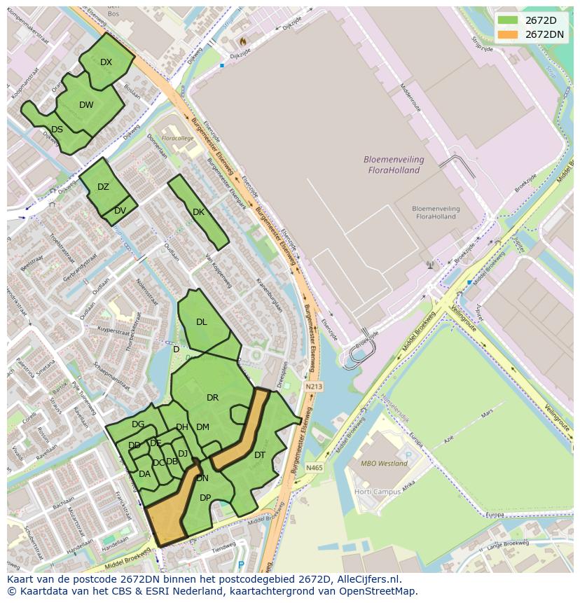 Afbeelding van het postcodegebied 2672 DN op de kaart.
