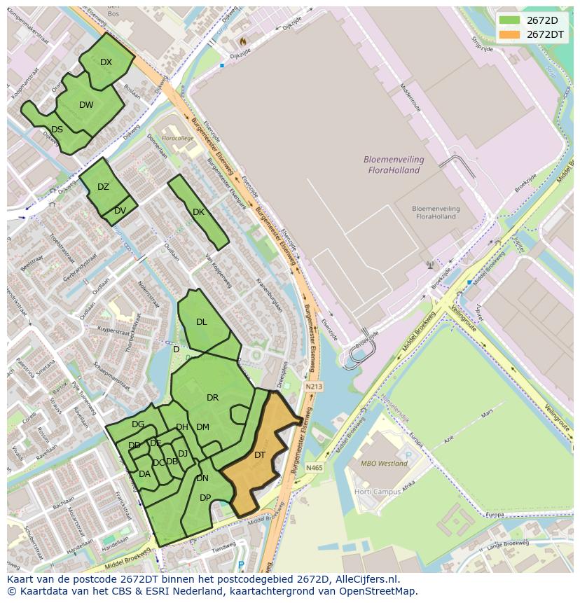 Afbeelding van het postcodegebied 2672 DT op de kaart.