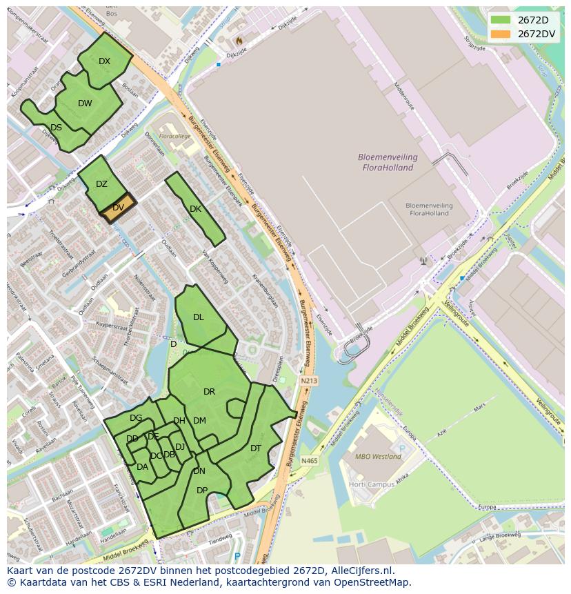 Afbeelding van het postcodegebied 2672 DV op de kaart.
