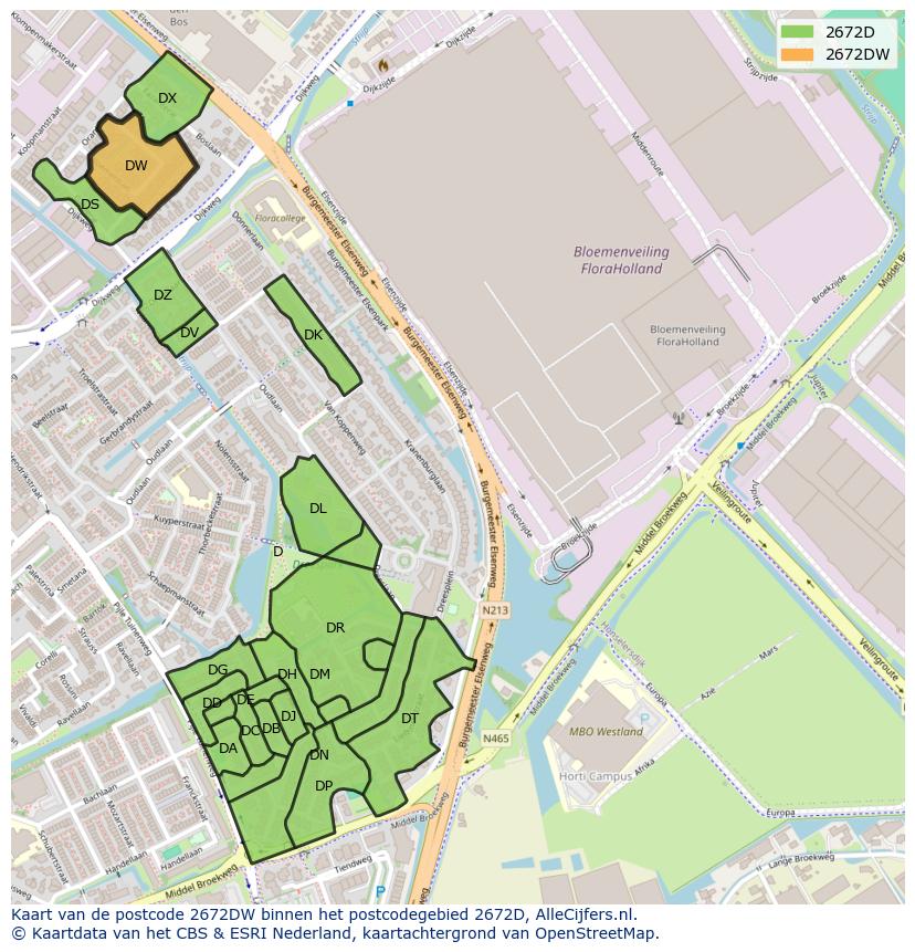 Afbeelding van het postcodegebied 2672 DW op de kaart.