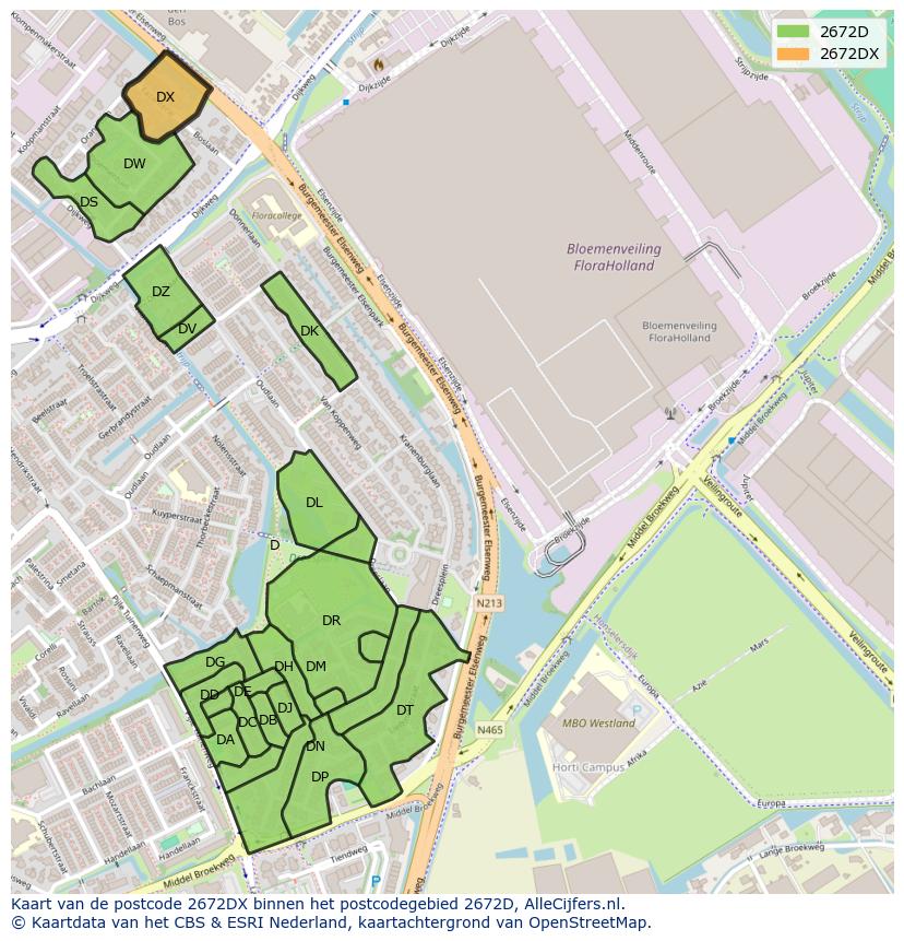 Afbeelding van het postcodegebied 2672 DX op de kaart.