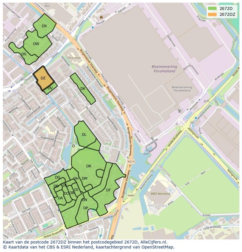 Afbeelding van het postcodegebied 2672 DZ op de kaart.