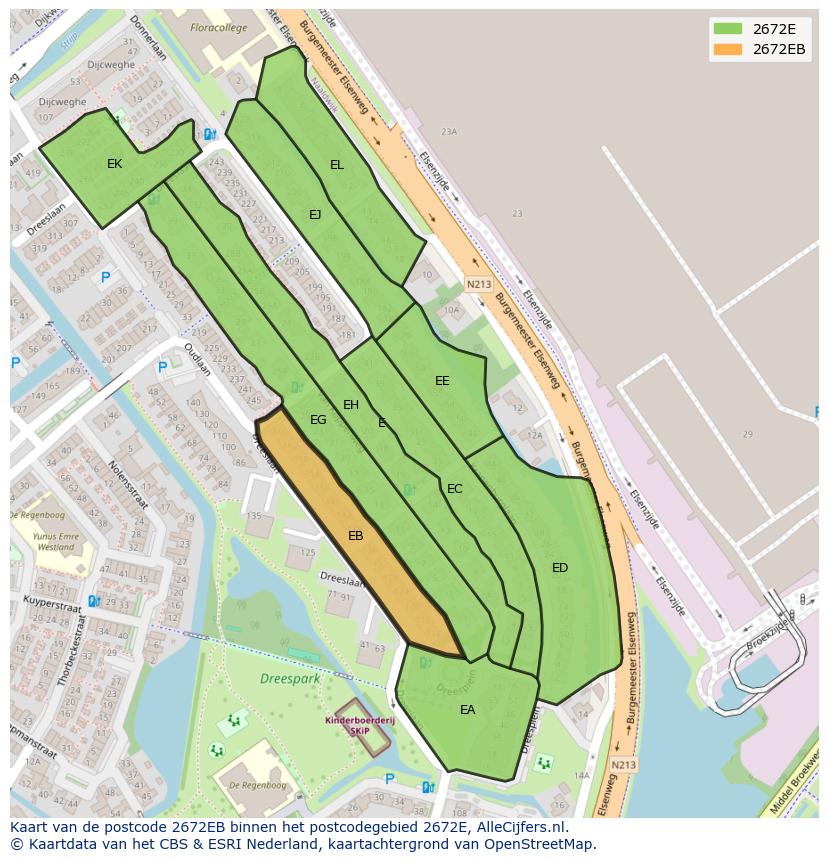 Afbeelding van het postcodegebied 2672 EB op de kaart.