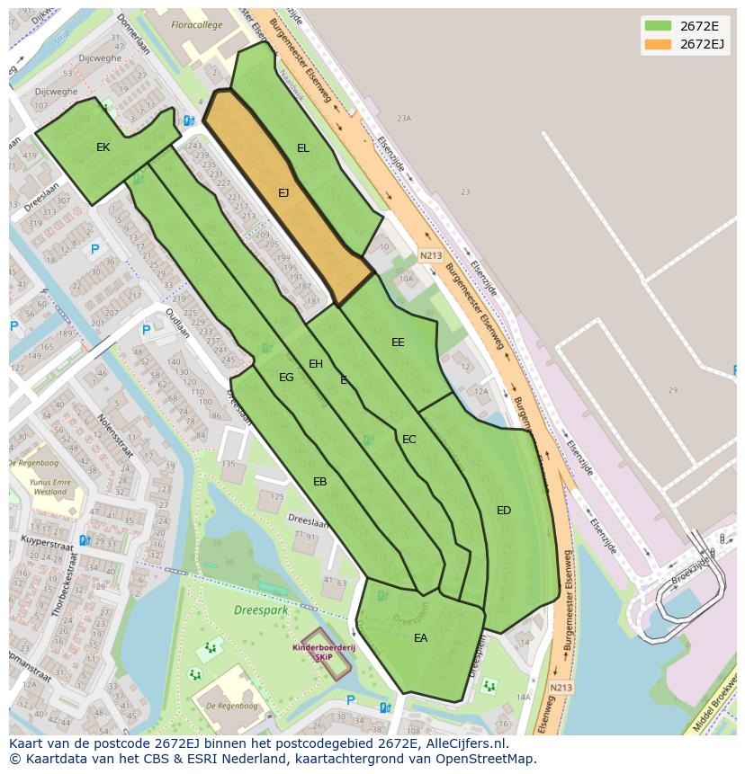 Afbeelding van het postcodegebied 2672 EJ op de kaart.