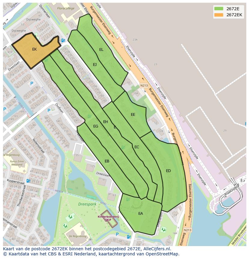 Afbeelding van het postcodegebied 2672 EK op de kaart.