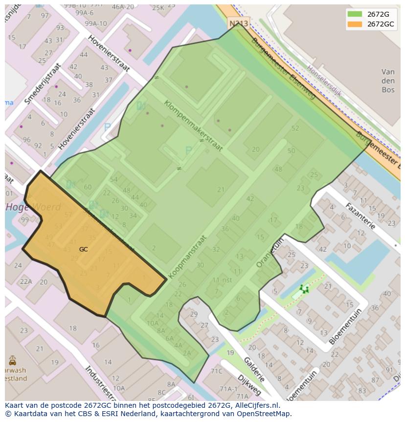 Afbeelding van het postcodegebied 2672 GC op de kaart.
