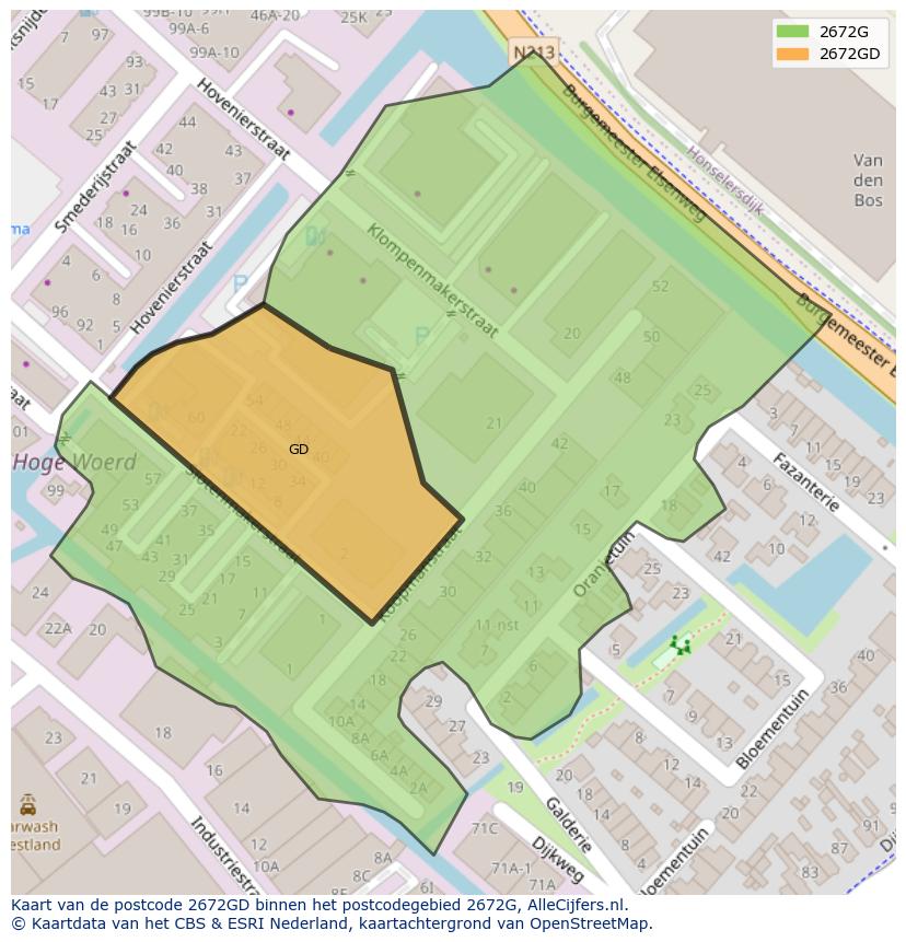 Afbeelding van het postcodegebied 2672 GD op de kaart.