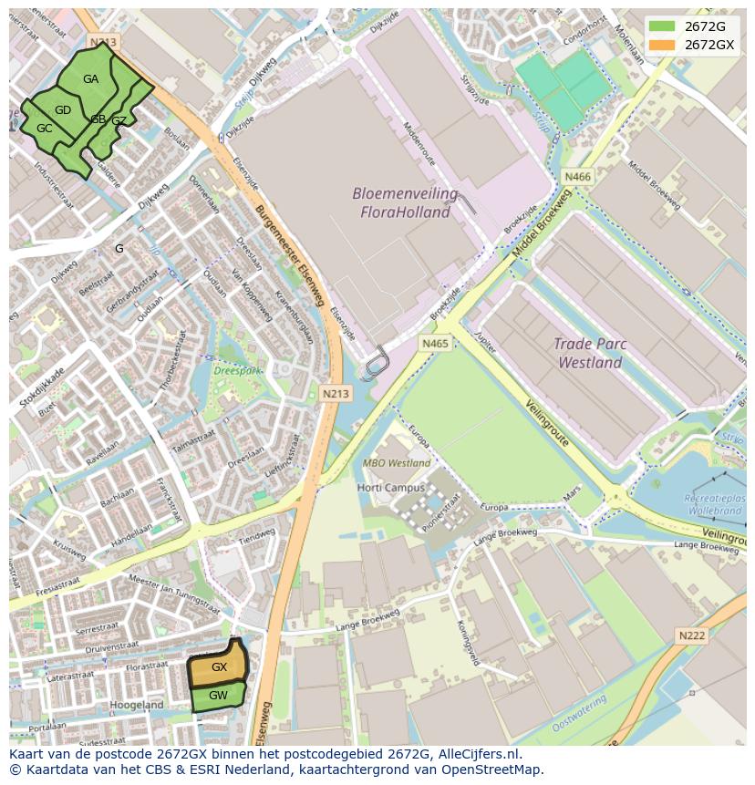Afbeelding van het postcodegebied 2672 GX op de kaart.