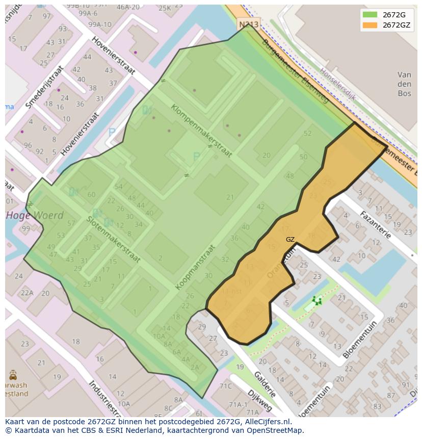 Afbeelding van het postcodegebied 2672 GZ op de kaart.