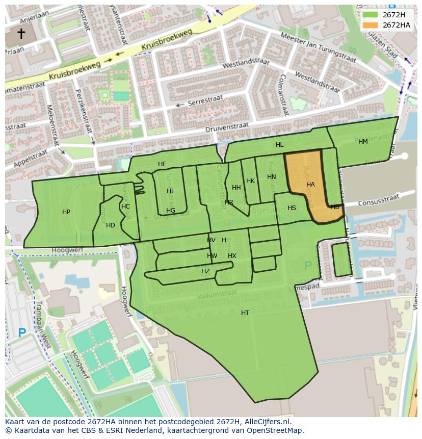 Afbeelding van het postcodegebied 2672 HA op de kaart.