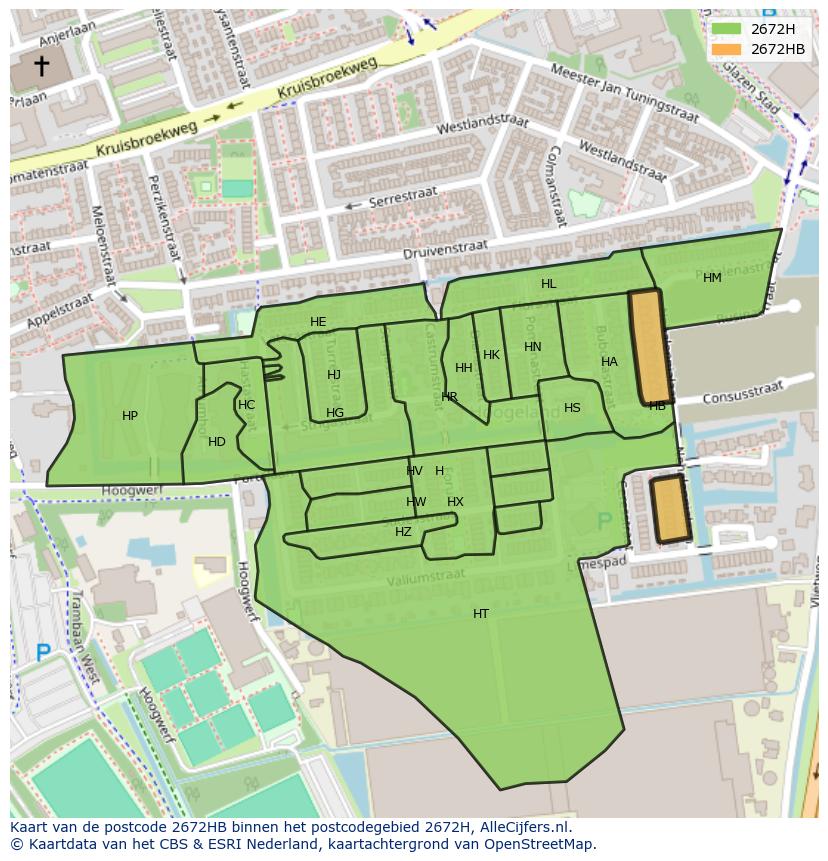 Afbeelding van het postcodegebied 2672 HB op de kaart.