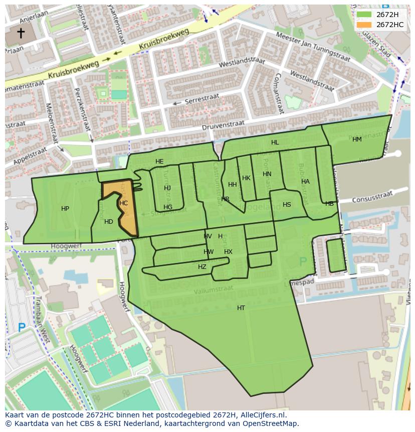 Afbeelding van het postcodegebied 2672 HC op de kaart.