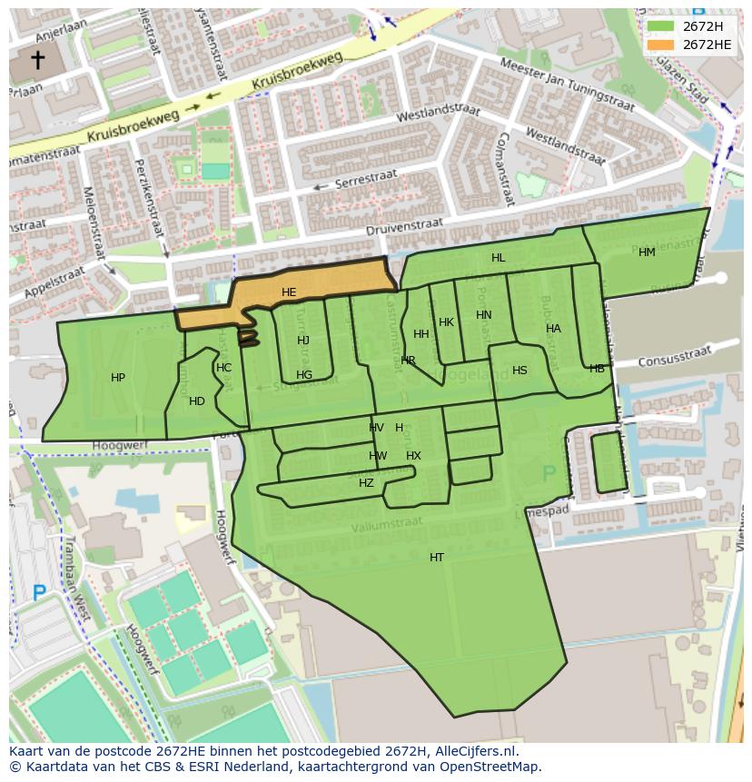 Afbeelding van het postcodegebied 2672 HE op de kaart.