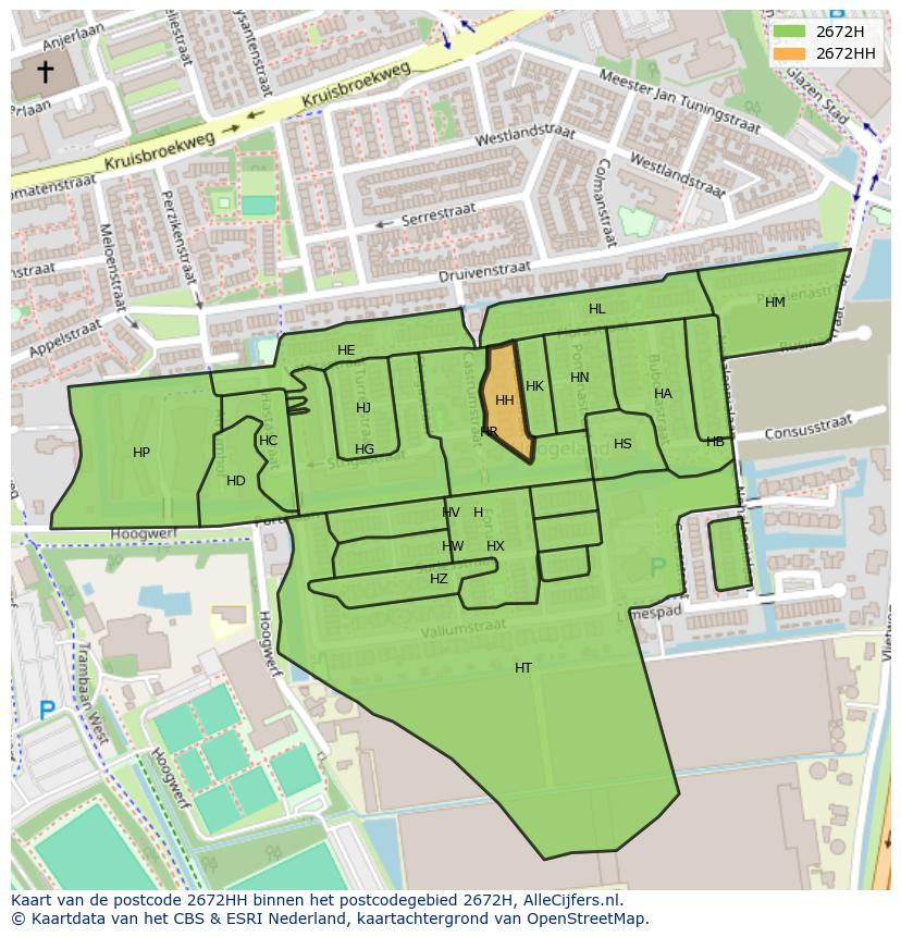 Afbeelding van het postcodegebied 2672 HH op de kaart.