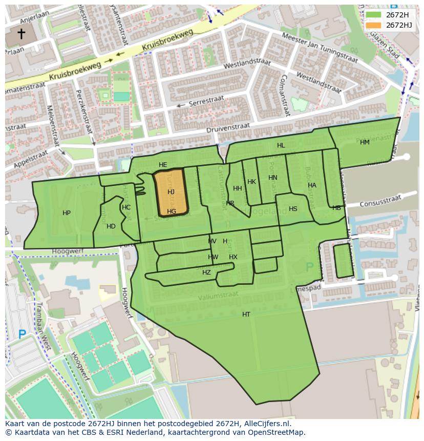 Afbeelding van het postcodegebied 2672 HJ op de kaart.