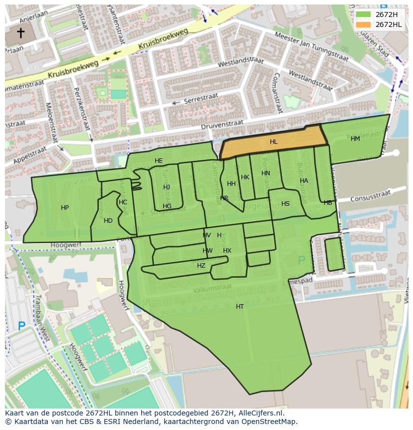 Afbeelding van het postcodegebied 2672 HL op de kaart.