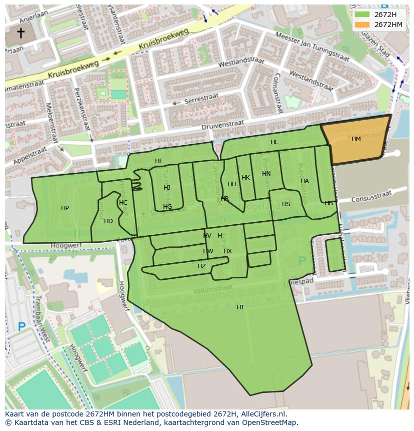 Afbeelding van het postcodegebied 2672 HM op de kaart.