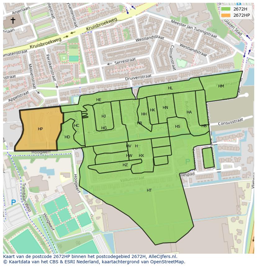 Afbeelding van het postcodegebied 2672 HP op de kaart.