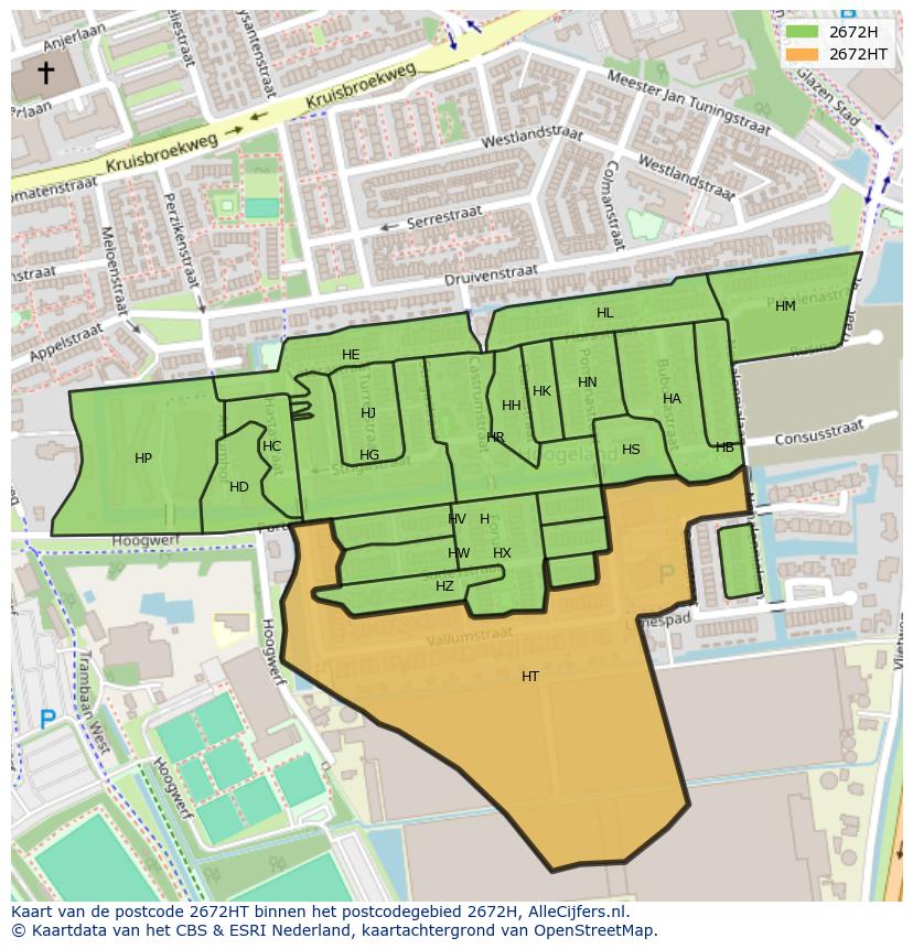 Afbeelding van het postcodegebied 2672 HT op de kaart.