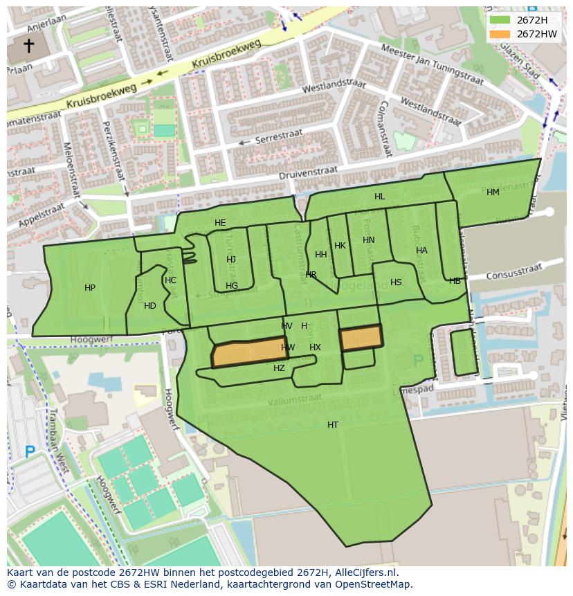 Afbeelding van het postcodegebied 2672 HW op de kaart.