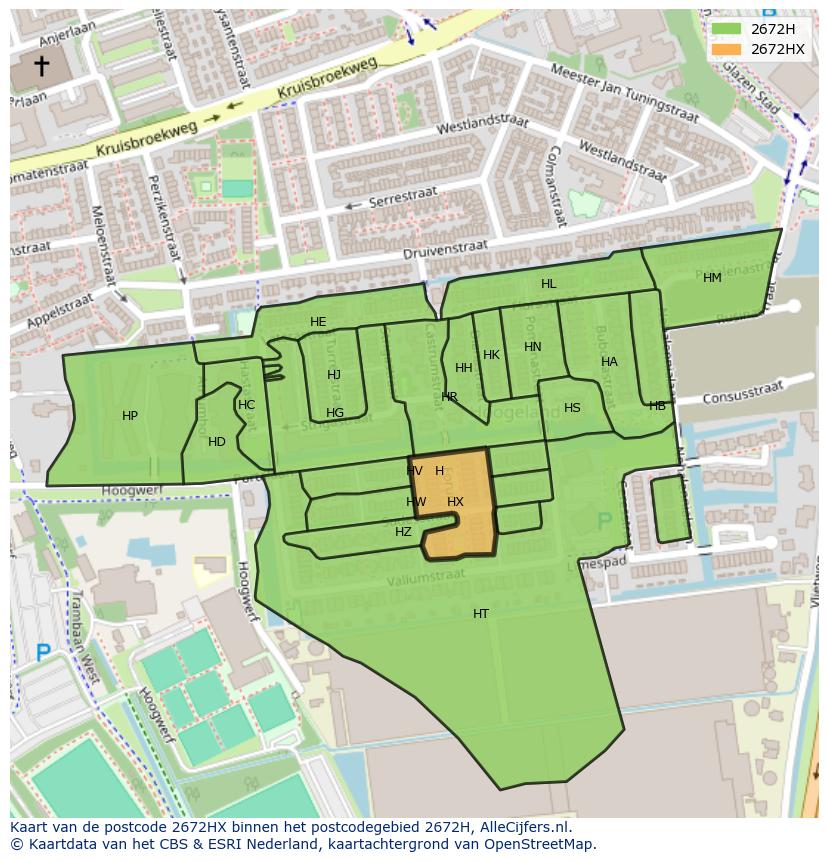 Afbeelding van het postcodegebied 2672 HX op de kaart.