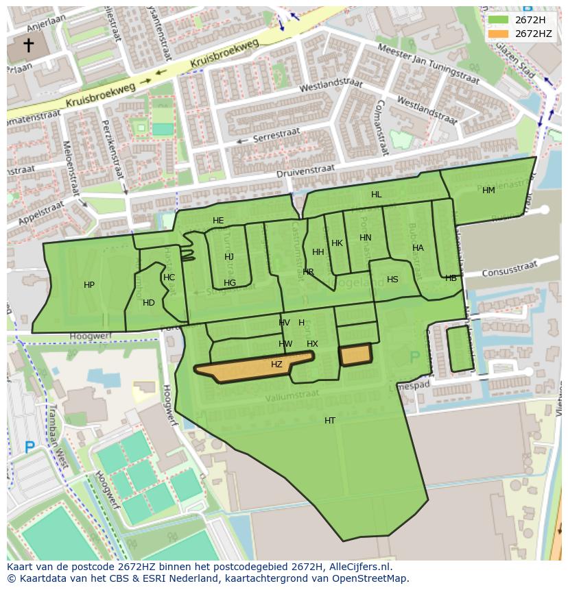 Afbeelding van het postcodegebied 2672 HZ op de kaart.
