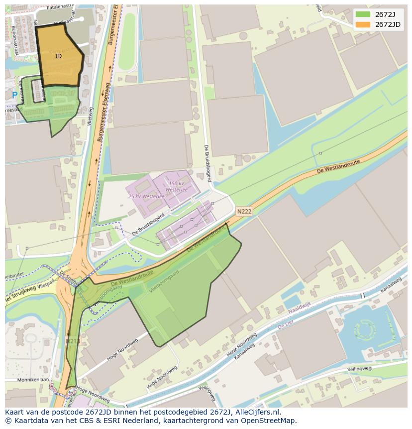Afbeelding van het postcodegebied 2672 JD op de kaart.