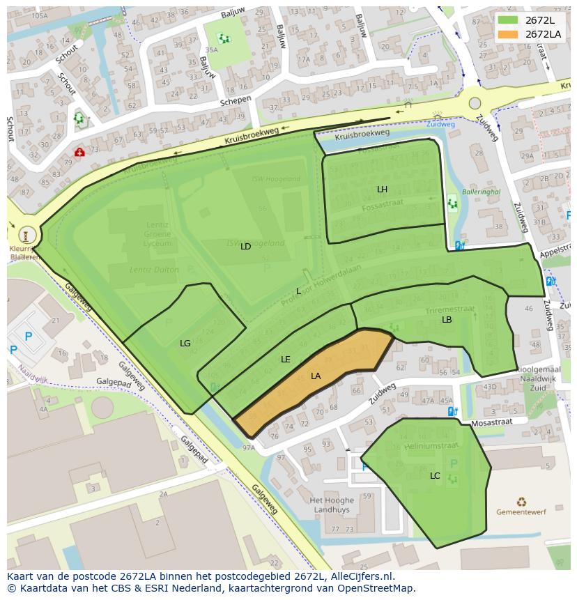 Afbeelding van het postcodegebied 2672 LA op de kaart.