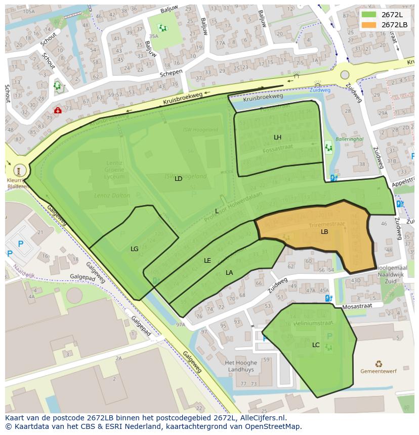 Afbeelding van het postcodegebied 2672 LB op de kaart.