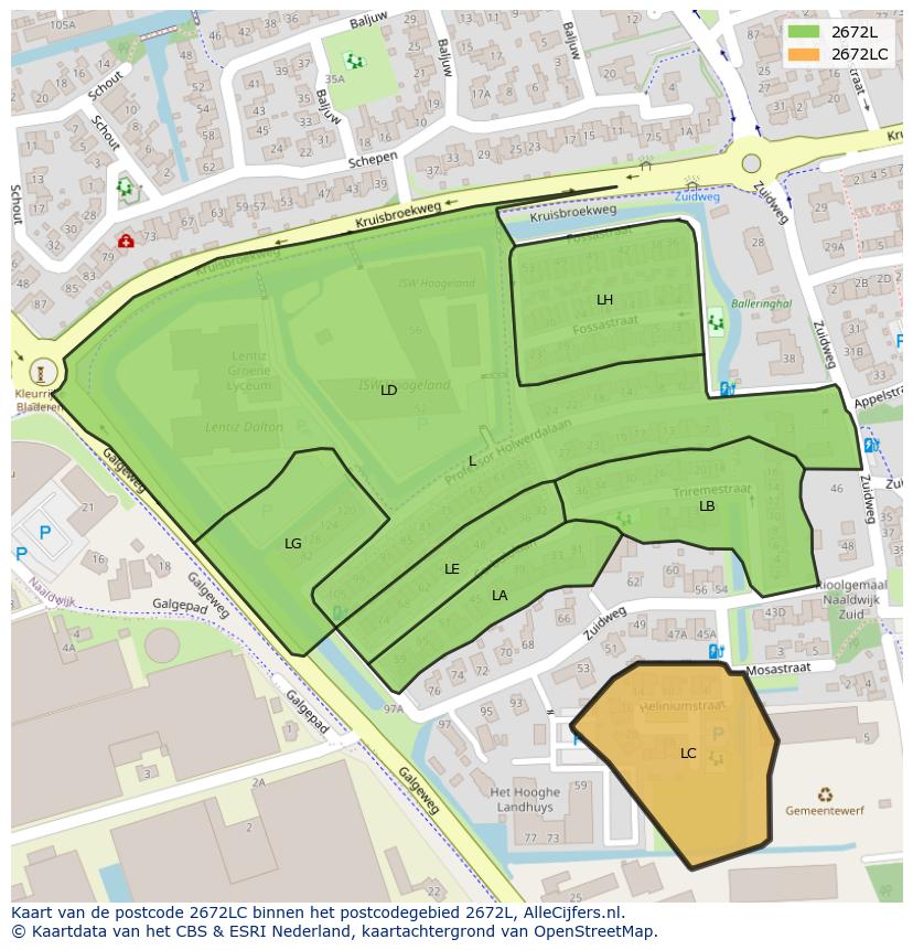 Afbeelding van het postcodegebied 2672 LC op de kaart.