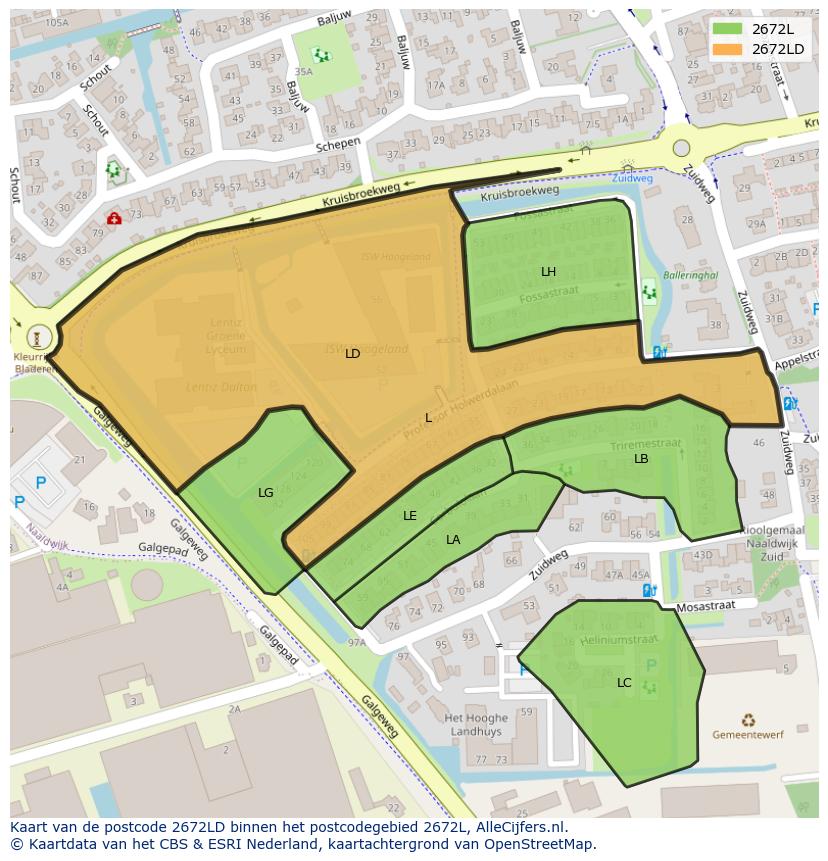 Afbeelding van het postcodegebied 2672 LD op de kaart.
