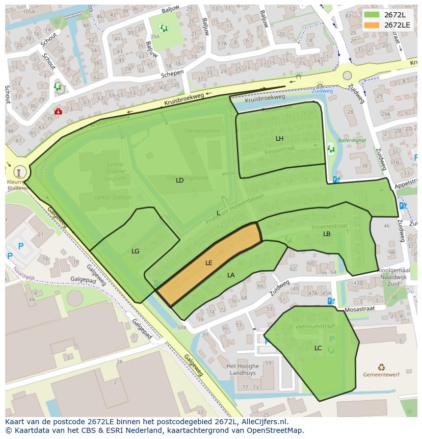Afbeelding van het postcodegebied 2672 LE op de kaart.