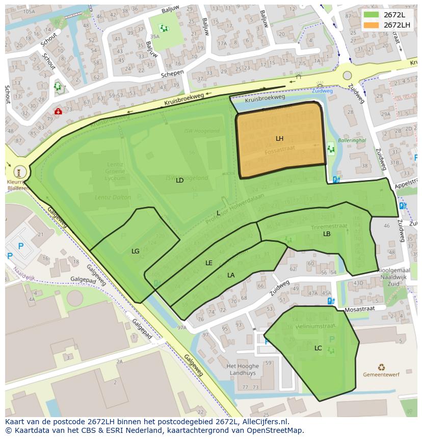 Afbeelding van het postcodegebied 2672 LH op de kaart.