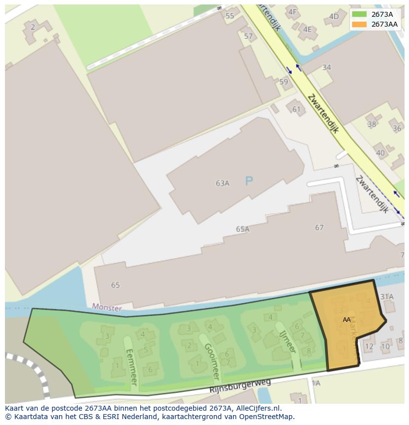 Afbeelding van het postcodegebied 2673 AA op de kaart.