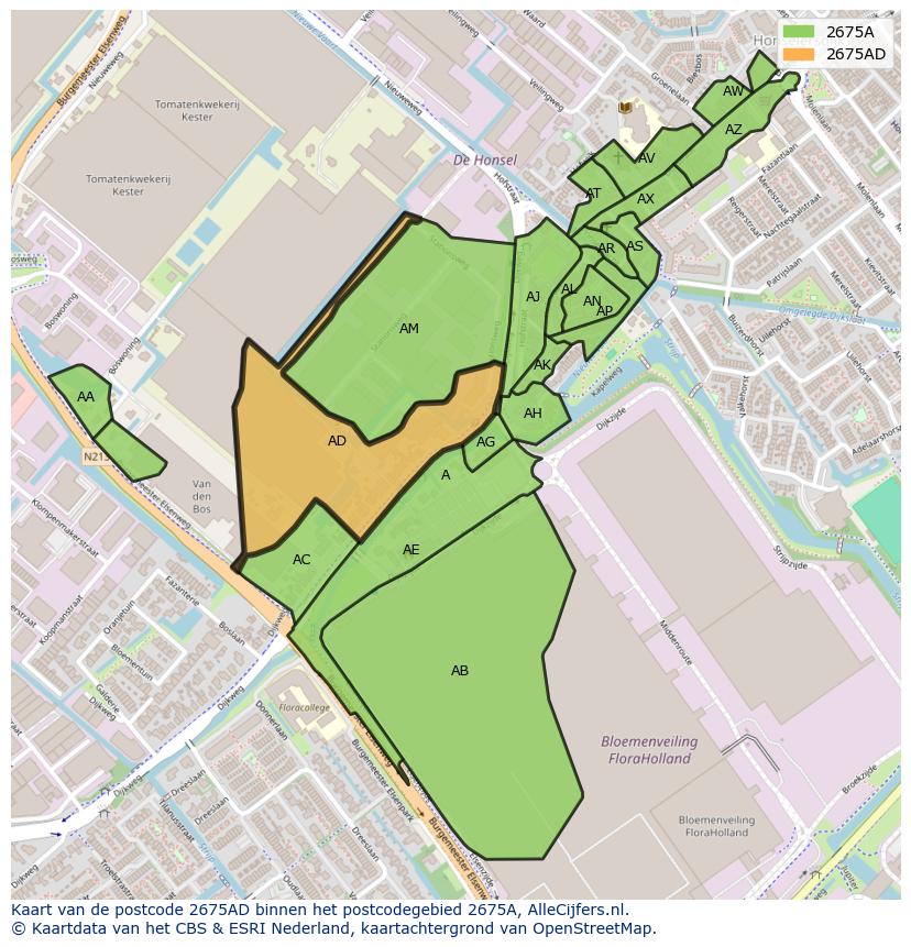 Afbeelding van het postcodegebied 2675 AD op de kaart.