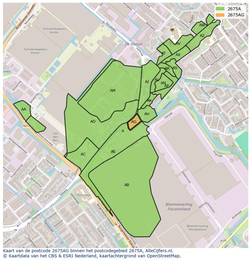 Afbeelding van het postcodegebied 2675 AG op de kaart.
