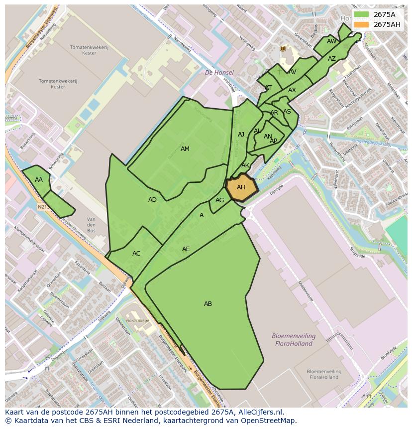 Afbeelding van het postcodegebied 2675 AH op de kaart.