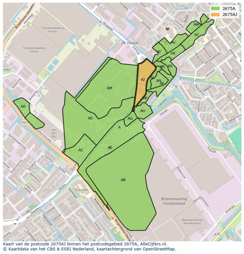 Afbeelding van het postcodegebied 2675 AJ op de kaart.