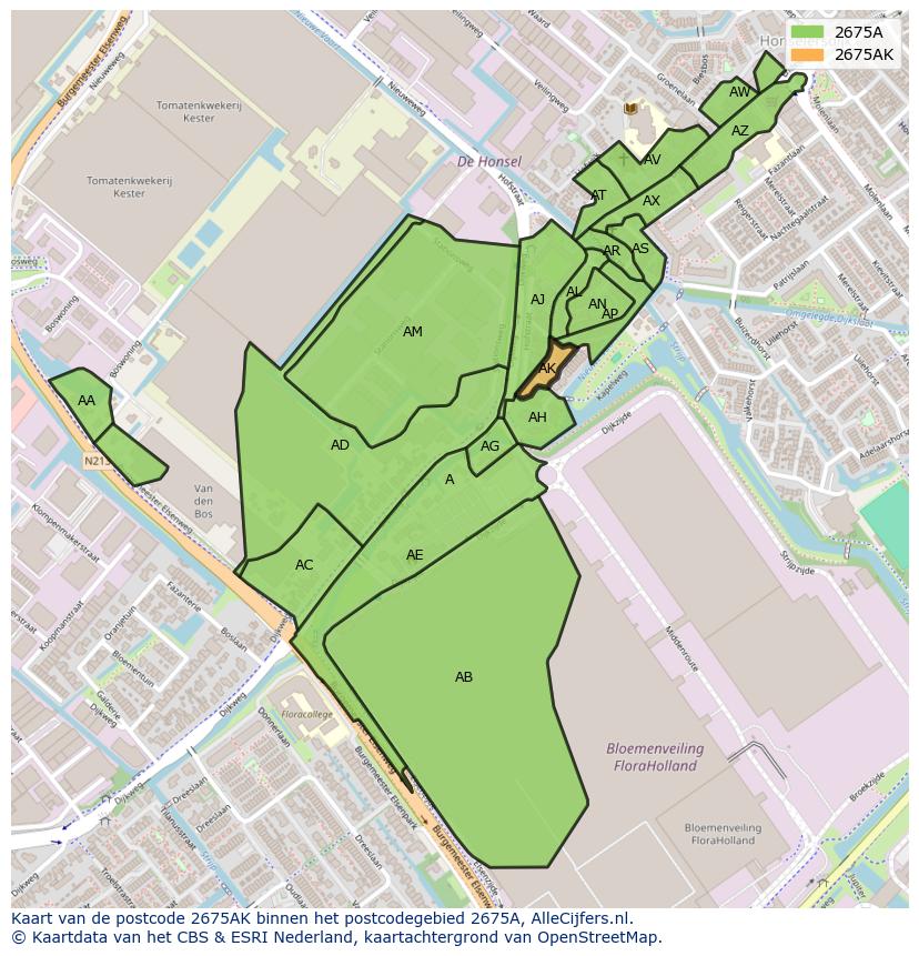 Afbeelding van het postcodegebied 2675 AK op de kaart.