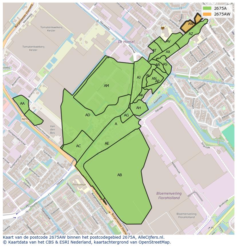 Afbeelding van het postcodegebied 2675 AW op de kaart.