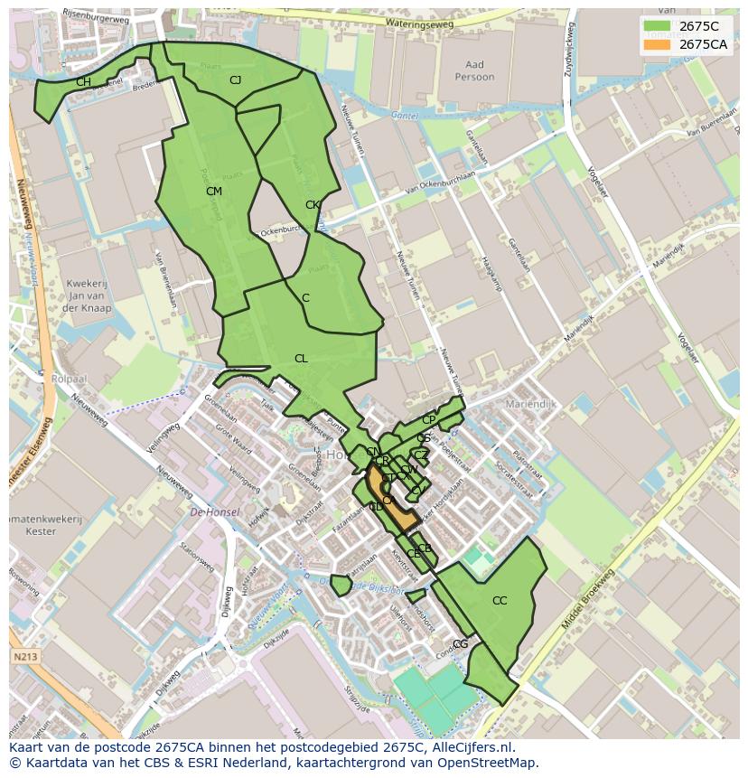 Afbeelding van het postcodegebied 2675 CA op de kaart.