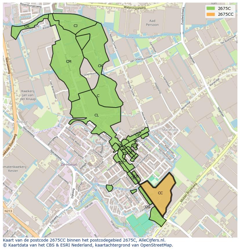 Afbeelding van het postcodegebied 2675 CC op de kaart.