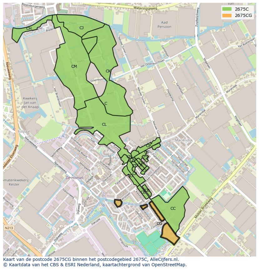 Afbeelding van het postcodegebied 2675 CG op de kaart.