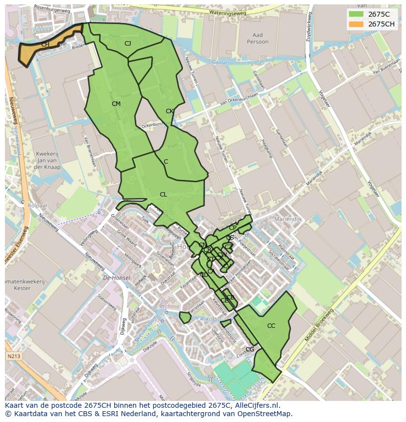 Afbeelding van het postcodegebied 2675 CH op de kaart.