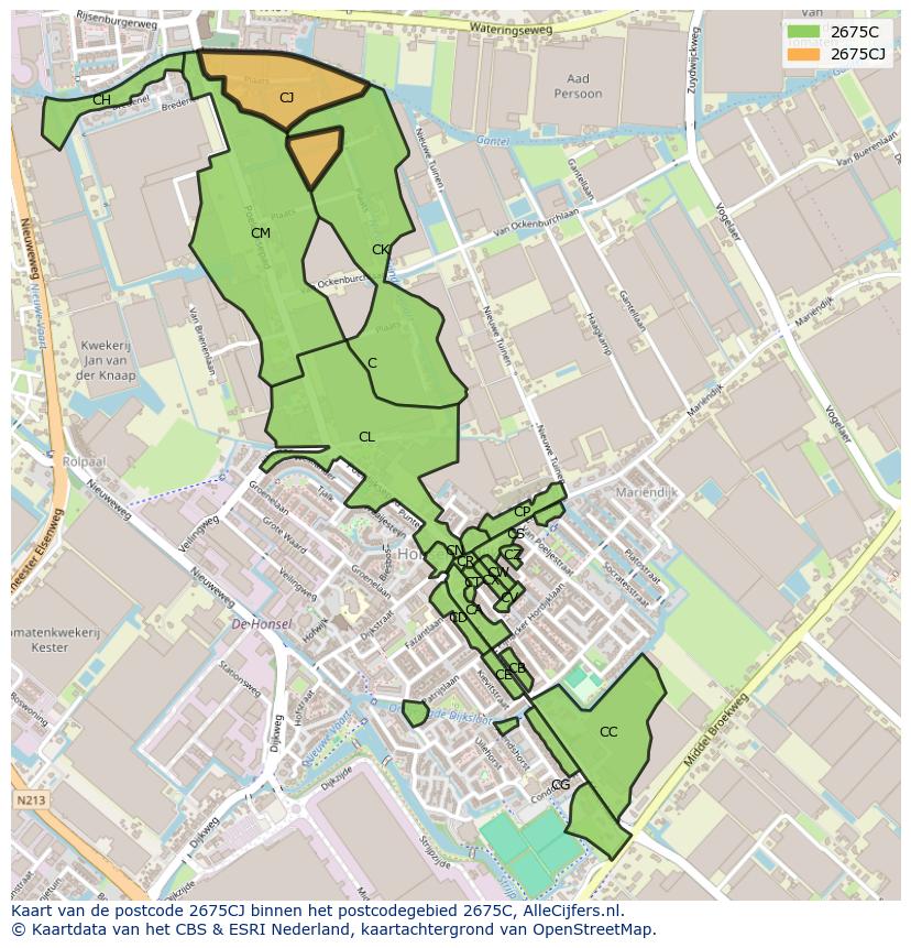 Afbeelding van het postcodegebied 2675 CJ op de kaart.