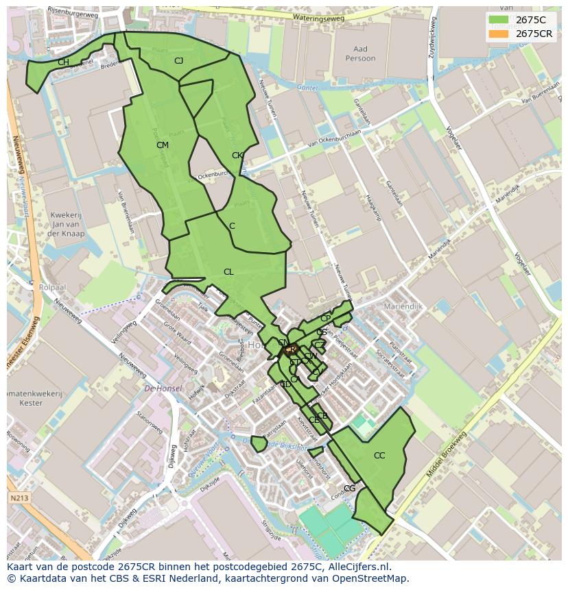 Afbeelding van het postcodegebied 2675 CR op de kaart.